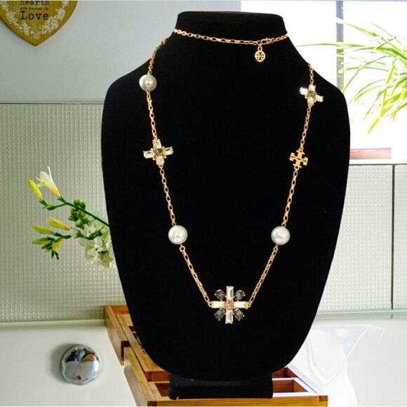TORY BURCH STATEMENT PEARLS AND NATURAL SMOKY QUARTZ CRYSTALS NECKLACE - Picture 1 of 7